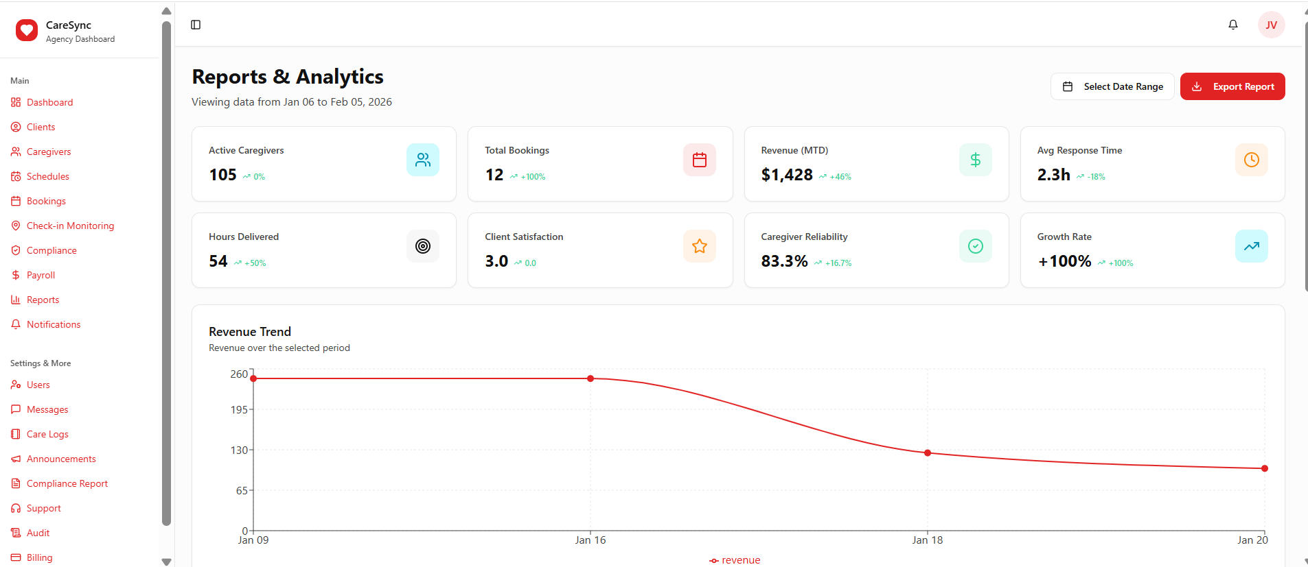 CareSync reports interface with summary cards and a revenue chart
