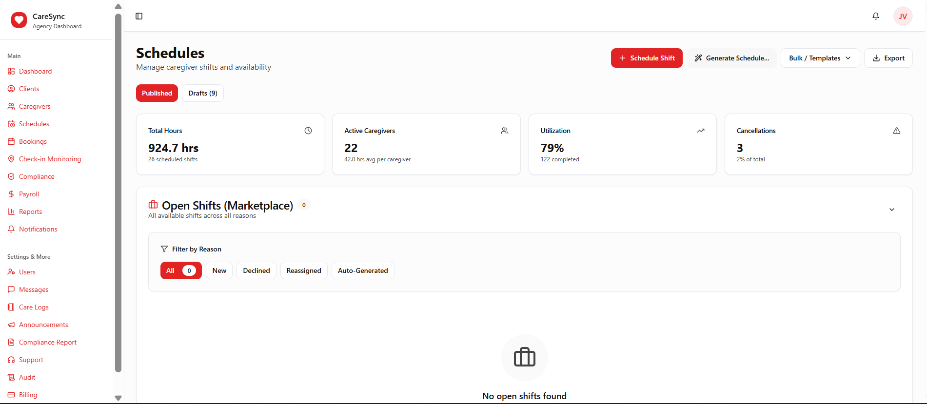 CareSync scheduling interface with shift management controls and an open-shifts panel