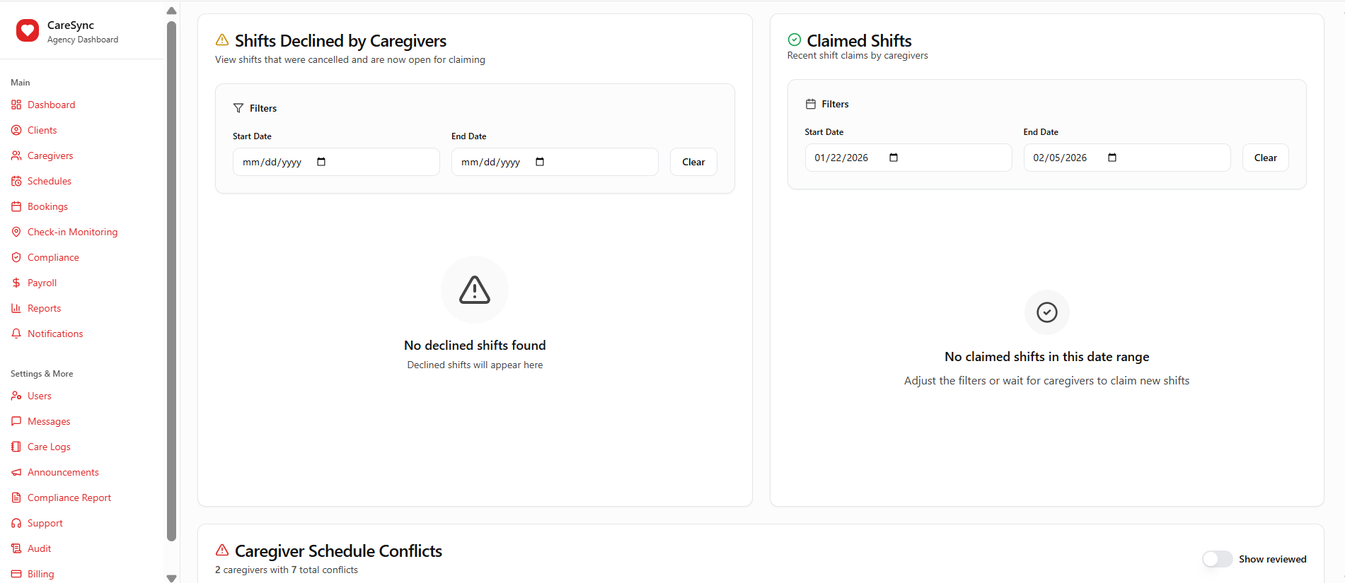 CareSync interface for filtering declined and claimed shifts