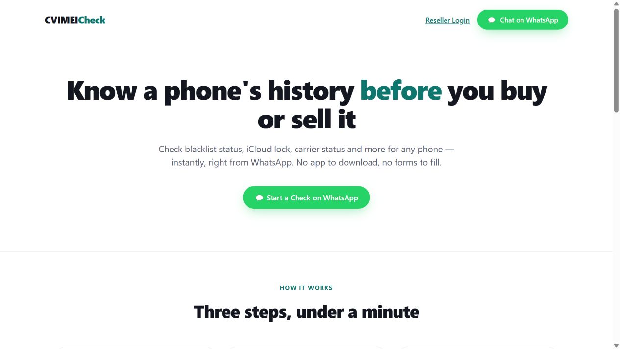 CV IMEI public website with its WhatsApp device checking introduction