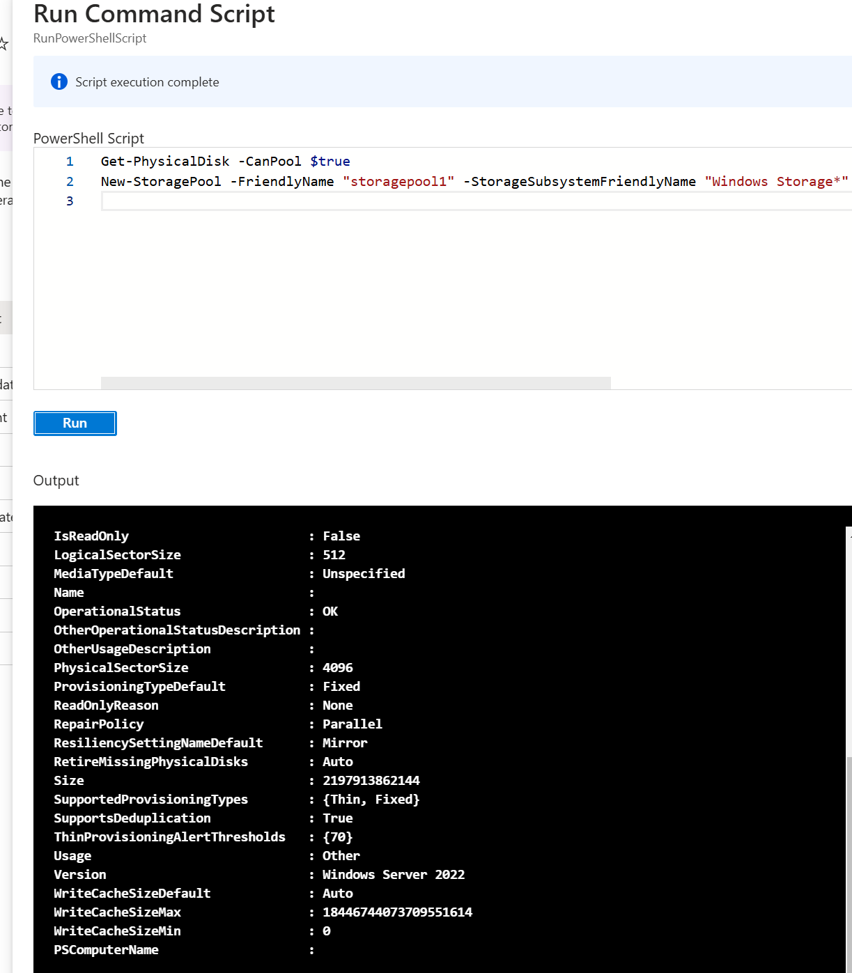 Storage PowerShell output